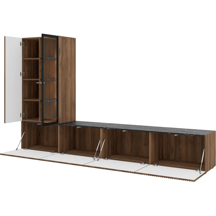 MIRJAN24 Wohnwand Tiwori, griffloses Öffnungssystem „push to open“, weiße LED-Beleuchtung, Nuss Warmia / Marmor Schwarz, 260x155 - 157x41 cm – Bild 6