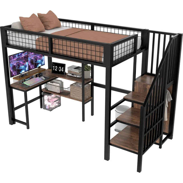 Hochbett Liegefläche 90x200 cm aus Metall und MDF mit Schreibtisch, Regalen und Kleiderschrank in Schwarz-Braun, ohne Matratze – Bild 7