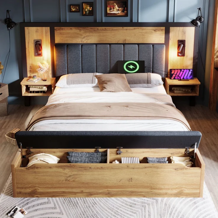 EINHOM Doppelbett Polsterbett 160 x 200 cm, Bettanlage mit Leselampe und USB C Nachttisch und Sitzbank mit Stauraum, Bettgestell mit Lattenrost aus Metall, Holz und Leinen, Eiche, (Ohne Matratze) – Bild 3