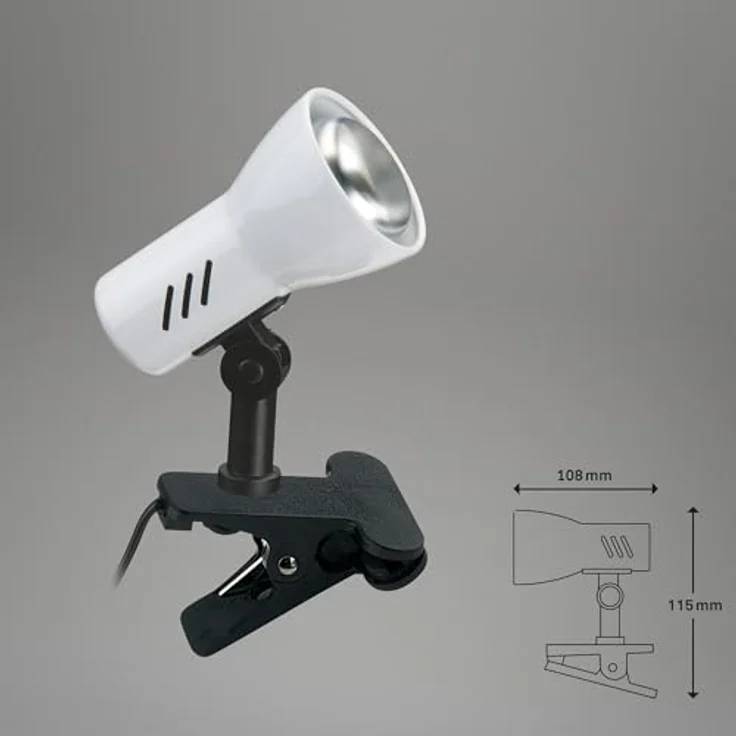 BRILONER - Nachttischlampe, Schreibtischlampe, Tischlampe, Leselampe, Bürolampe, Buch Klemme, Klemmlampe, Kinderzimmer, Schwenkbar, Schnurschalter, 1x E14, max, 40 Watt, 10,8 cm, Weiß – Bild 5