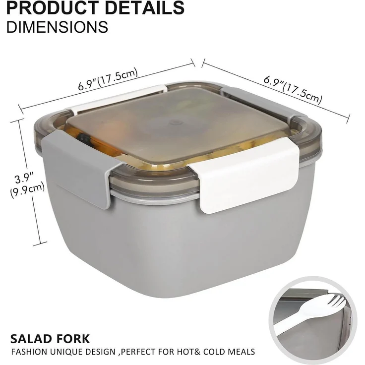 Lunchbox auslaufsicher Bento Box 3 Fächer Salatbehälter 1500 ML Grau – Bild 5