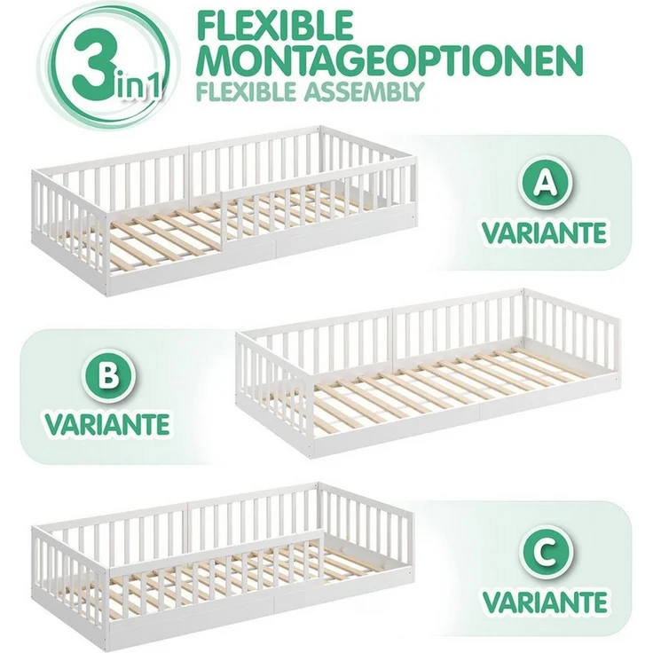 CADANI Timi 2in1 Bodenbett 90x200 cm Montessori Kinderbett mit abnehmbaren Rausfallschutz inkl. Lattenrost, Kiefer Massivholz, weiß - 3 Aufbauvarianten, bis 150 kg belastbar, umbaubar – Bild 2