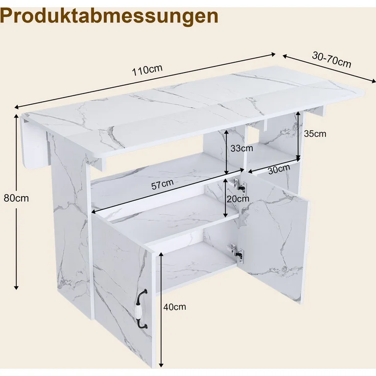 Flieks Mobile Kücheninsel 110x70x80 cm, klappbarer Küchentisch mit Rollen, Ablageböden & Stauraum, Esstisch und Sideboard, Weißes Marmormuster – Bild 5