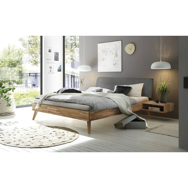 Hasena Massivholzbett Pesaro Kernbuche mit Polster-Kopfteil, Bezug Pace Grey 200x210 cm, Komforthöhe 25 cm – Bild 2