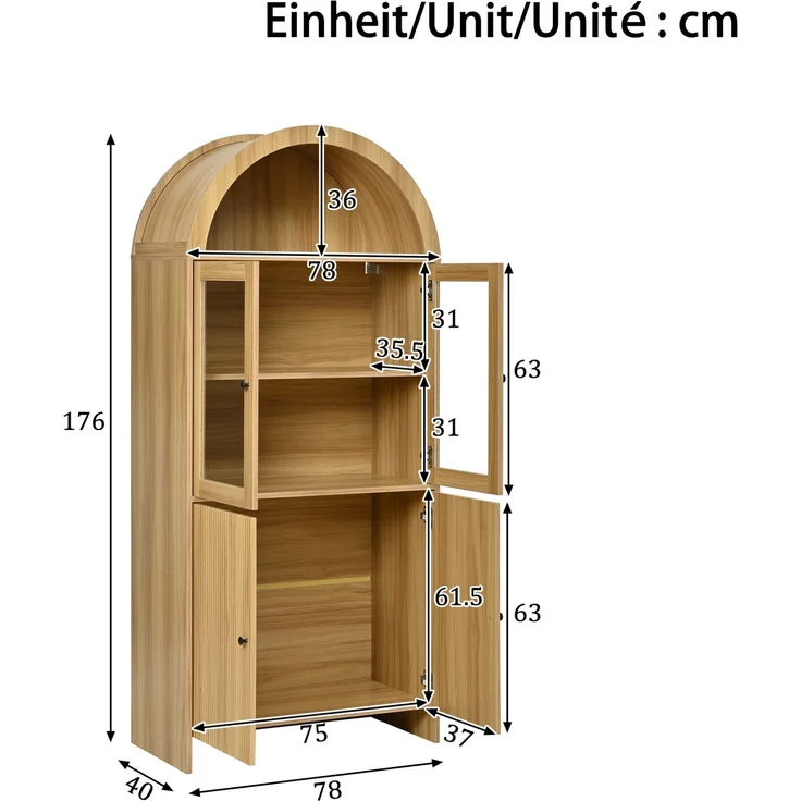 DESVIAE Sideboard mit Glastüren und gewölbtem Design 78x176x40 cm Spanplatte Natur – Bild 10