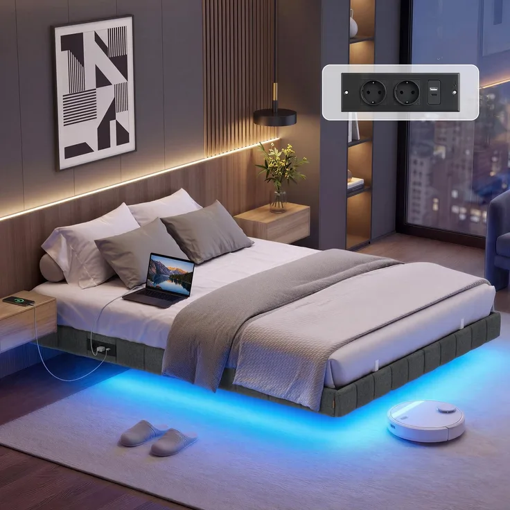 VASAGLE Bettgestell 140x200 cm, schwebender Effekt, LED-Beleuchtung, gepolsterte Seitenwände, 2 AC-Steckdosen, 2 USB-A-Anschlüsse, 1 USB-C-Anschluss, bis 500 kg belastbar, schiefergrau RMB164G101