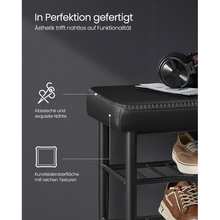 VASAGLE EKHO Kollektion - Schuhbank, Sitzbank, Sitztruhe, Eingangsbereich, Kunstleder, Nähte, Mid-Century-Modern-Stil, modern, bis 135 kg belastbar, 30 x 100 x 50 cm, tintenschwarz LSB113B01 – Bild 5