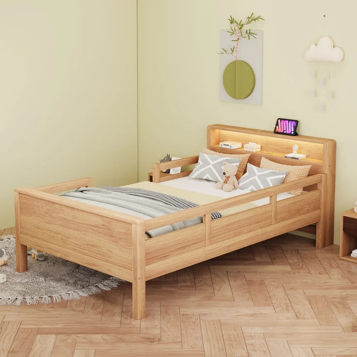 Kinderbett 90x200 cm mit LED & USB Type-C Anschluss,Massivholz Einzelbett mit Kopfteil Ablage & Gitterdesign,Weiß – Bild 3