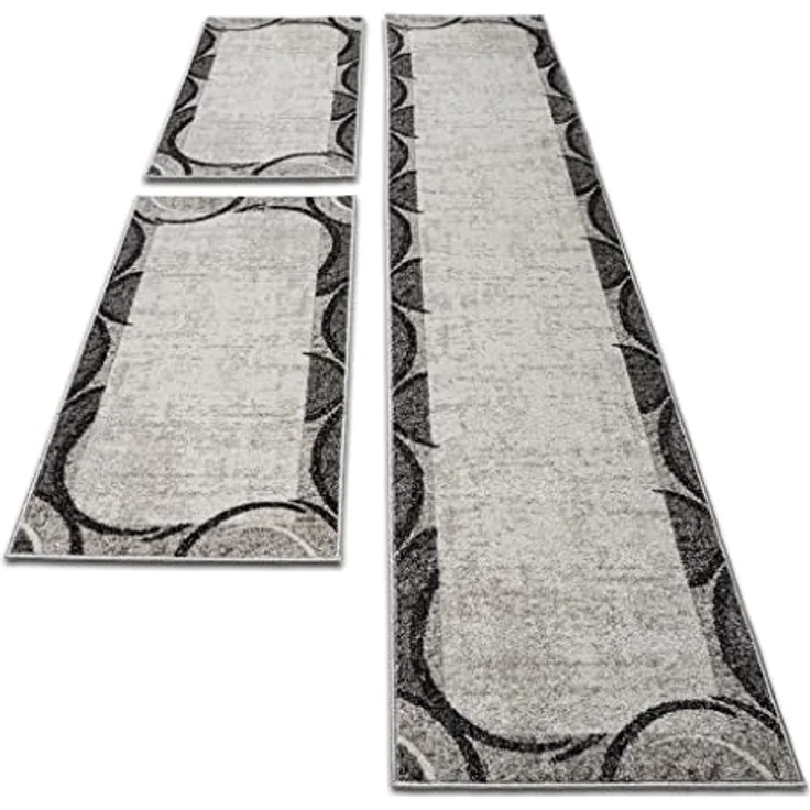 oKu-Tex Bettumrandung 3 teilig, Läufer (67 x 340 cm) + Brücken (2 x 67 x 140 cm), Kurzflor, (Set 3 teilig, 3-tlg), Teppich Schlafzimmer Bettvorleger Set schmal gewebt creme meliert – Bild 2