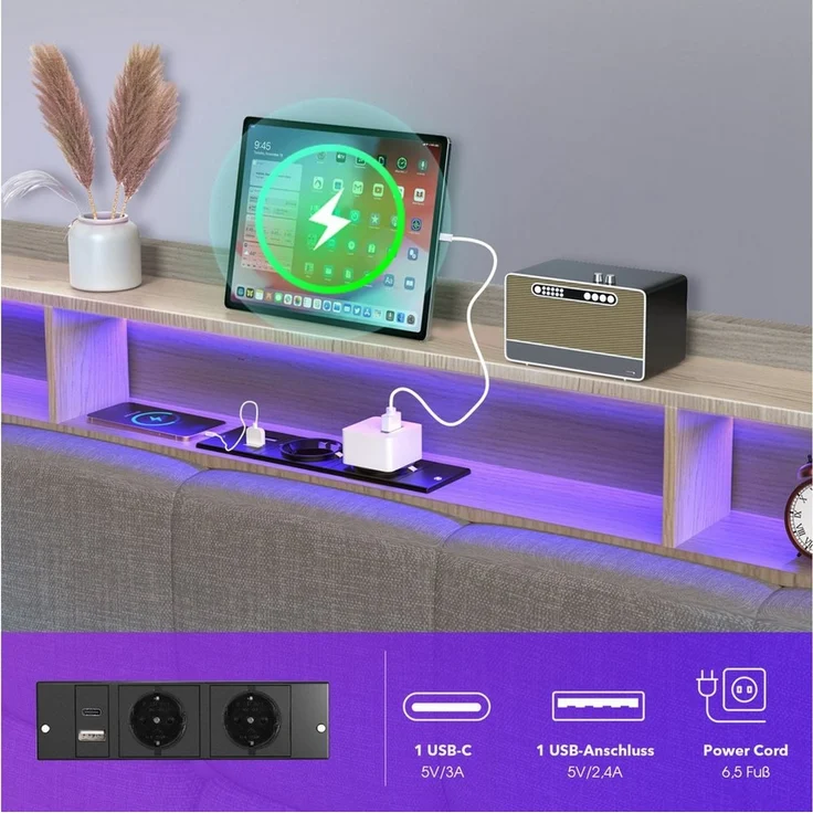 oyajia Polsterbett LED Doppelbett 140x200 cm mit 4 Schubkästen und Kopfteil, Ladefunktion (Leinenmaterial Polsterbett mit mit Lattenrost und Ladefunktion), Typ-C, USB-A, 2 Steckdosen,mit RGB Beleuchtung – Bild 3