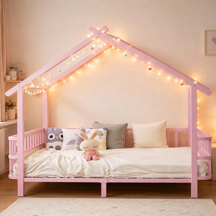 EINHOM Kinderbett aus Metall in Hausform, 90 x 200 cm, mit Sicherheitsgitter, Dachdesign und Dekorativem Rahmen, für Jungen und Mädchen, Metall, Rosa, (Ohne Matratze) – Bild 3