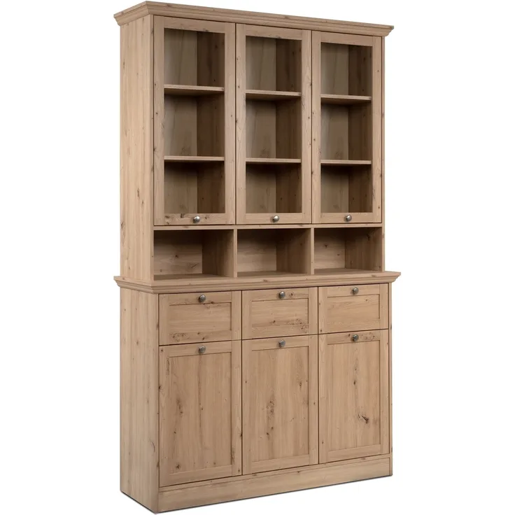 Buffet >Timber< Landhaus, 6 Türen, 3 Schubladen, in Glas / Artisan Eiche Dekor - 120x200x40cm (BxHxT)