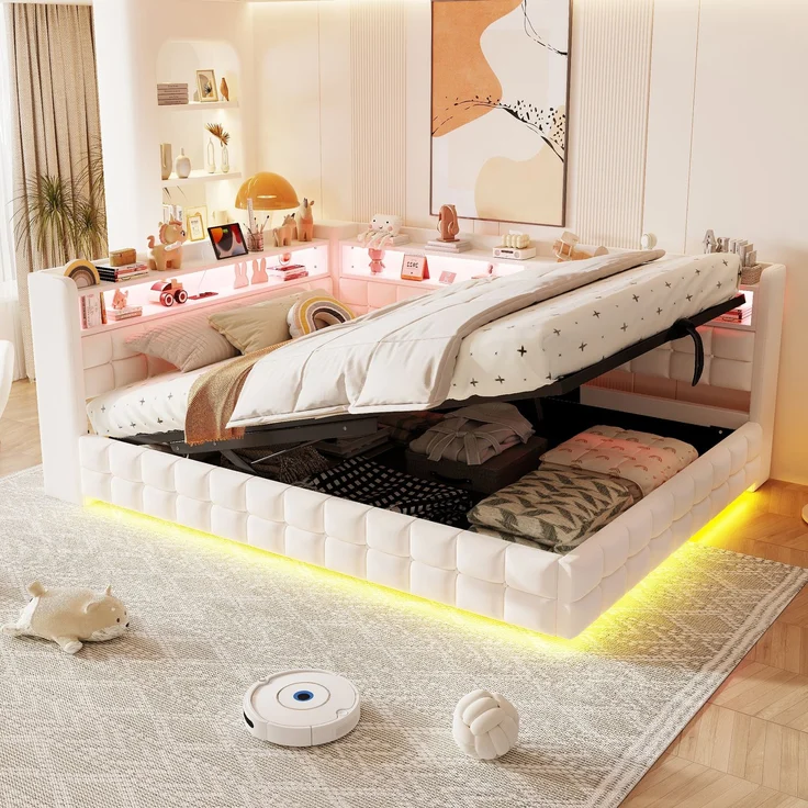 EINHOM Multifunktionales Polsterbett Schlafsofa 140 x 200 cm, mit Hydraulischem Stauraum, Holzregal, LED-Lichtleiste, Steckdose, USB- und Typ-C-Ladeanschlüssen, Lattenrost-Unterstützung, Samtstoff Beige (Ohne Matratze) – Bild 1