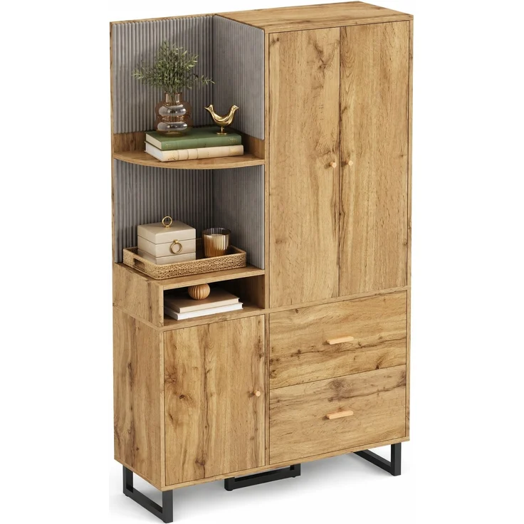 CHICFURN Schrank 110x186x38 cm mit Schubladen, aus MDF – Garderobe mit Kleiderstange Schwarz,Natur – Bild 7