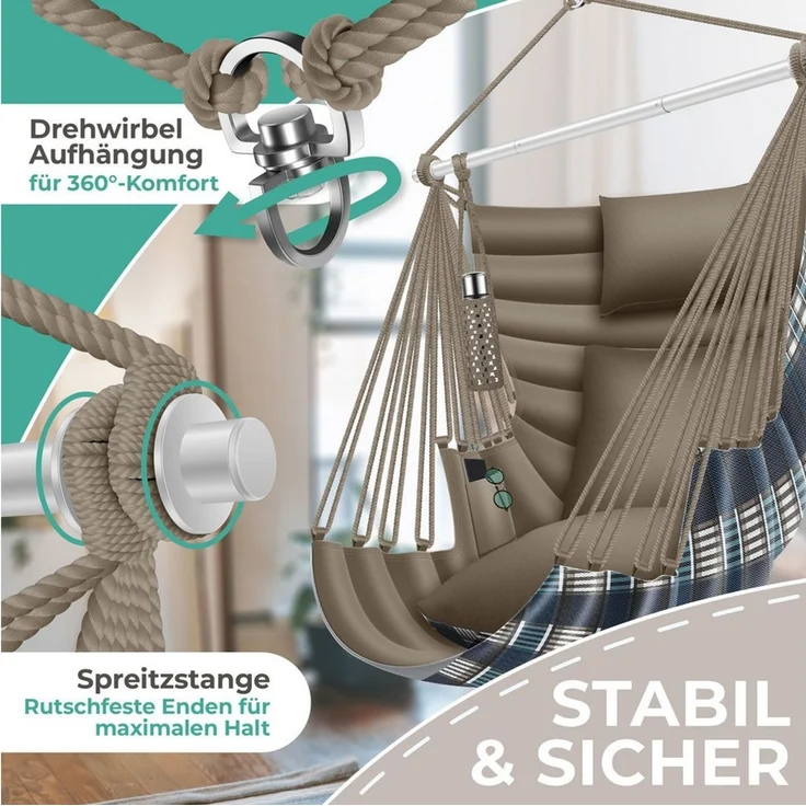 KESSER® Hängesessel Haiti 150kg Traglast, Hängestuhl 360° Drehung, Hängeschaukel Indoor-Outdoor UV-beständig & Wasserfest, Pflegeleicht, Inkl. 2 Kissen, Tragetasche, Flaschenhalter & Montage-Set Mocca – Bild 3