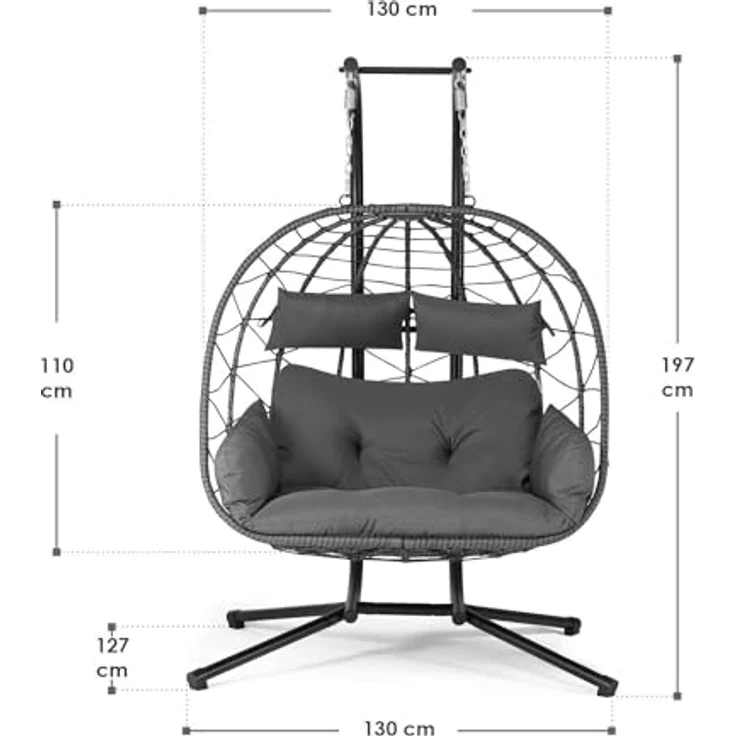 Juskys Doppelhängesessel Aria - Polyrattan Hängesessel mit Gestell & Kissen - Schaukel für zwei Personen - Outdoor Indoor Sessel - XXL Korb Grau – Bild 8
