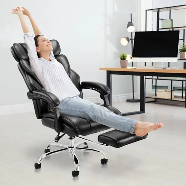 COLAMY Office Chair with Footrest-Ergonomic High Back Design Executive Computer Desk Chair with Removable Lumbar Pillow, 90-135°Reclining, Thick Bonded Leather for Home Office Work Comfort, Black – Bild 2