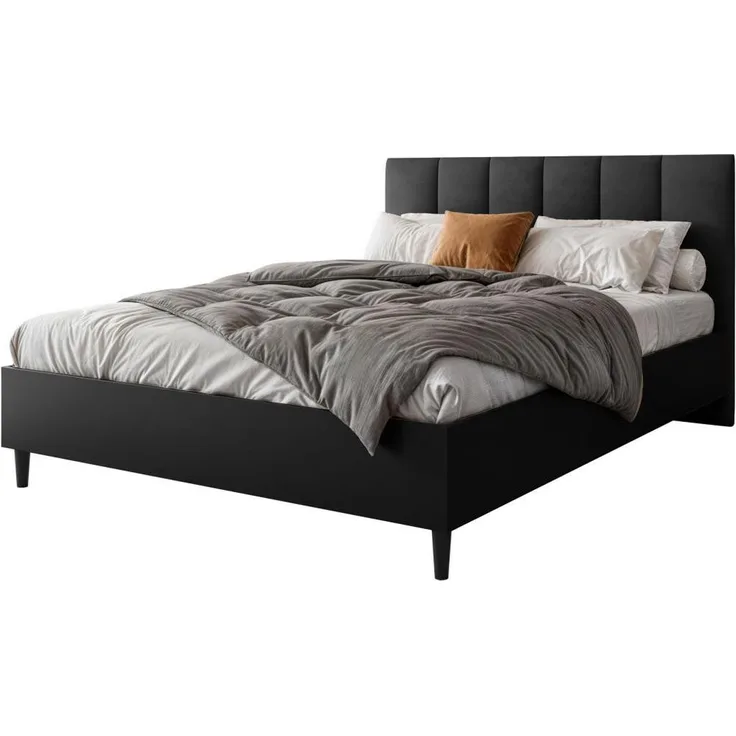 Beautysofa Lectus Polsterbett, Schwarz, 160x200 cm mit gepolstertem Kopfteil und großem Bettzeugbehälter, inklusive 2 Nachttische
