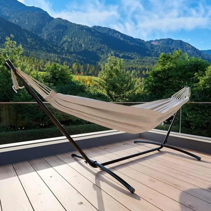 GARMIO Hängematte mit Gestell, 200kg Belastbarkeit, klappbar, inklusive Tragetasche und Zubehör, in Beige, 270x110x105cm – Bild 4