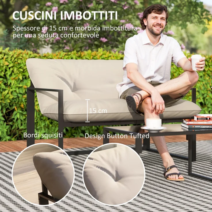 4-teiliges Gartenset mit Sitzbank, 2 Sesseln und Beistelltisch, aus Stahl, Polyester und Baumwolle (PP), beige und grau – Bild 6