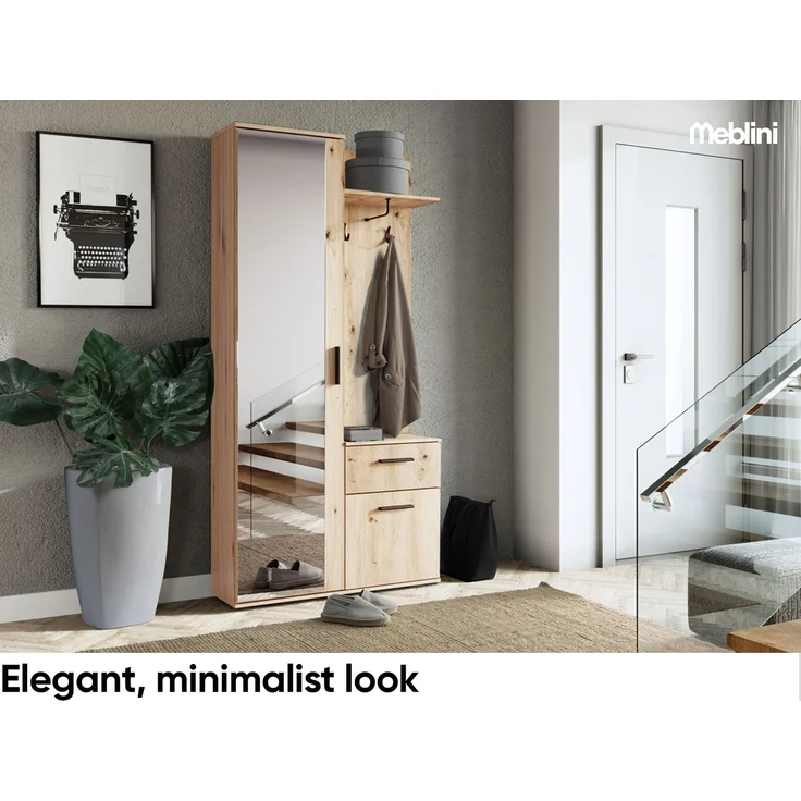 MEBLINI Garderobenschrank LUXOR 97cm - Trüffeleiche - mit Spiegel - 97x30x195cm R/L - Garderobe Schrank - Flurgarderobe schmal - Garderobe Flur Möbel Set - Flurschrank hoch – Bild 3