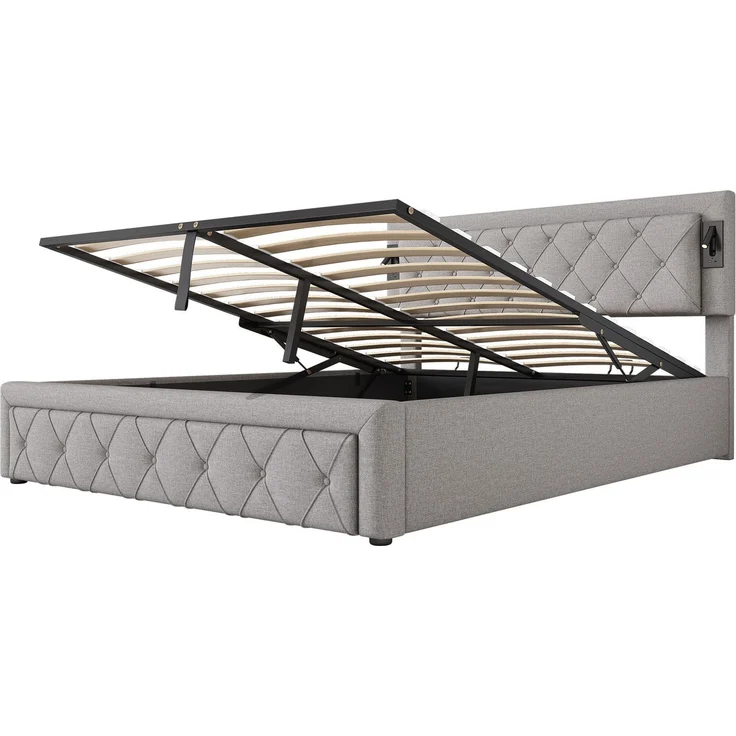 Polsterbett mit LED-Beleuchtung und Lattenrost, Kopfteil mit Spots, Type-C und USB Anschlüssen, 160x200 cm, gepolsterter Kopfteil, Doppelbett, Stauraumbett, Leinen – Bild 10