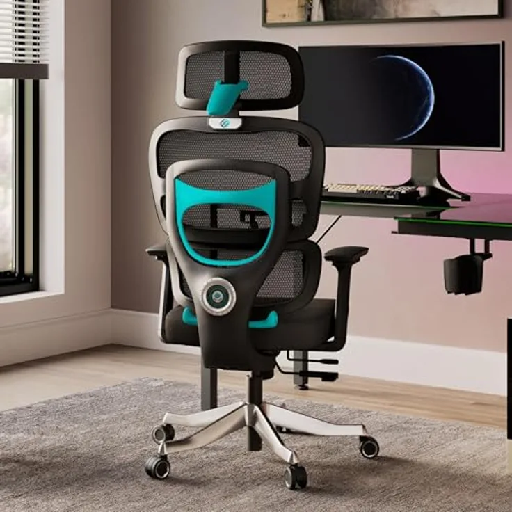 EUREKA ERGONOMIC Axion Gaming Stuhl, Ergonomischer Bürostuhl mit verstellbarer Lendenwirbelstütze, 4D Kopfstütze, 3D PU-Lederarmlehnen, Atmungsaktive Netzrückenlehne, Schwarz & Blau