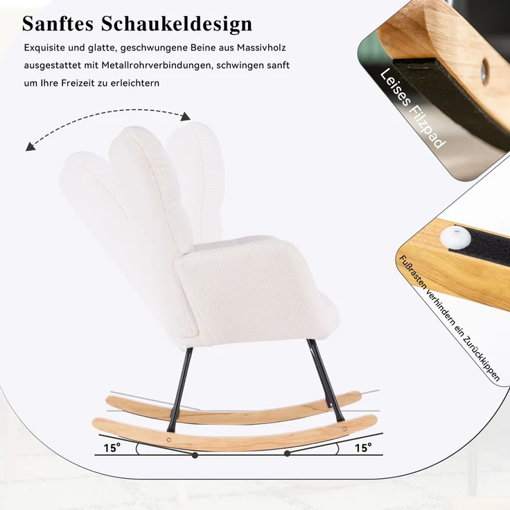 Teddy Weiß Schaukelstuhl mit Holzrahmen und Metallbasis, ergonomisch gepolstert, leises Design für Wohnzimmer & Schlafzimmer – Bild 7