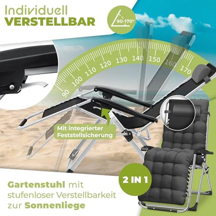 KESSER® Sonnenliege Liegestuhl Klappbar & Wetterfest, Gartenstuhl Belastbar 200kg Ergonomisches Polster Extra Breit Verstellbare Rückenlehne Gartenliege inkl. Nackenkissen & Getränkehalter, Anthrazit – Bild 7