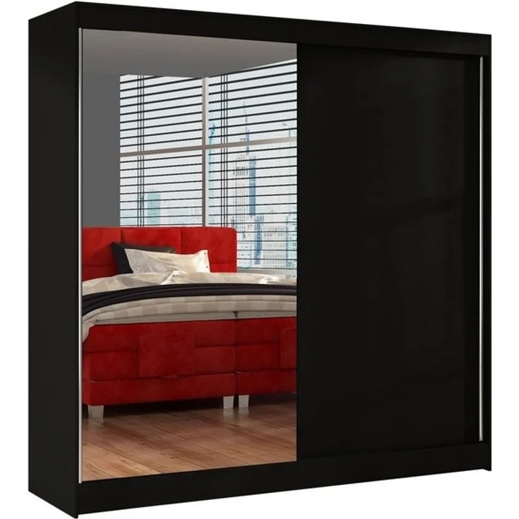 Schwebetürenschrank Basti I 200 cm mit Spiegel - Kleiderschrank, Schiebetürenschrank mit Kleiderstange und Einlegeboden, Schlafzimmerschrank, Schiebetüren, 200x215x58 cm (Schwarz) – Bild 4