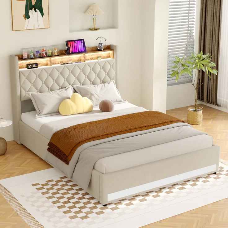 Luxuriöses Polsterbett aus Samt mit Matratze & Lattenrost, 160x200 cm, Beige – Bild 3
