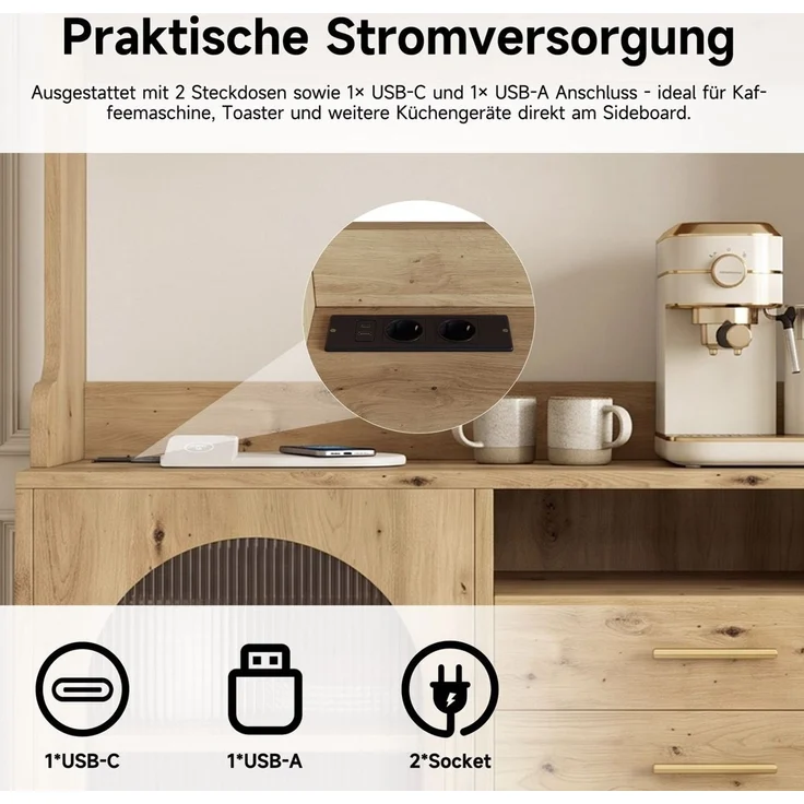 Buffetschrank 100,5 x 40 x 178 cm mit Steckdosen und USB – Hochschrank in Holzoptik – Bild 8