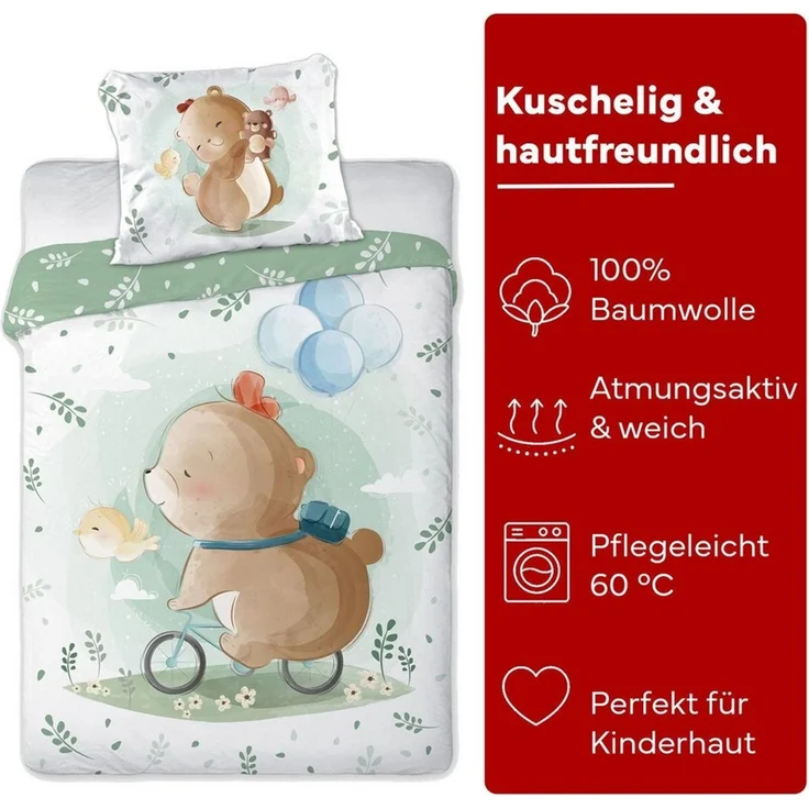 texpot Bettwäsche Kinderbettwäsche Teddybär mit Fahrrad bedruckt Garnitur, Baumwolle, 2 teilig – Bild 3
