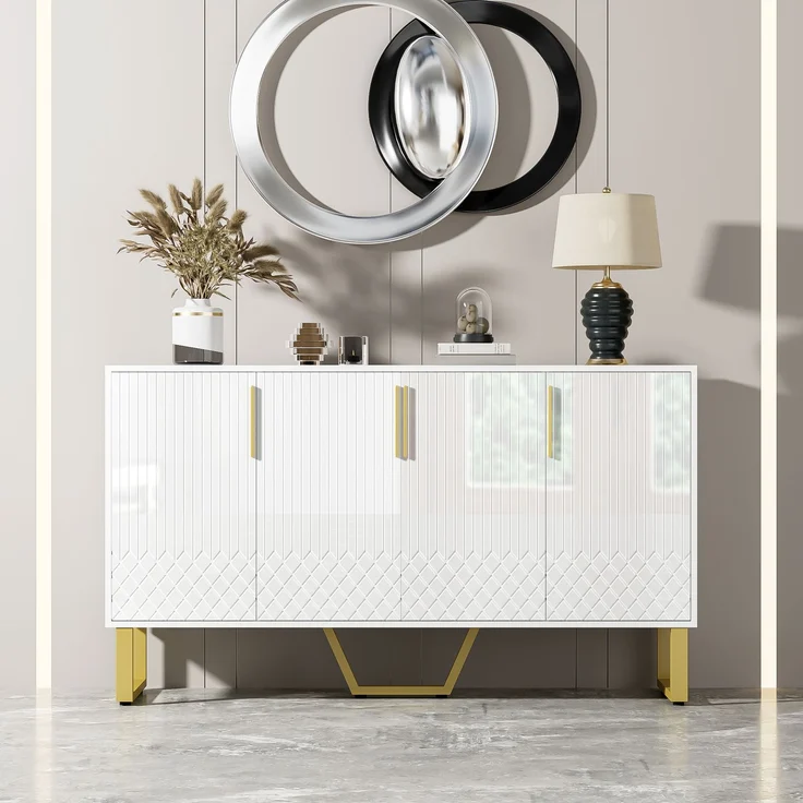 Flieks Hochglanz-Sideboard, 4 Türen, 3D-Geometriefronten und Metallfüßen, 140 x 40 x 80 cm, Weiß – Bild 3