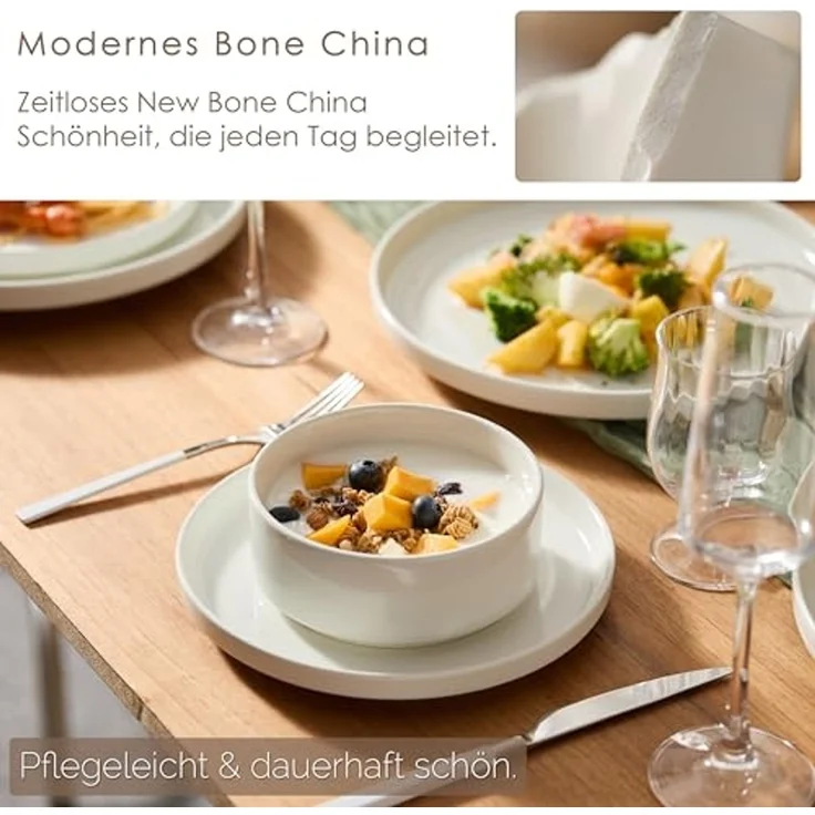 JIWOO Geschirr-Set 18er Tafelservice TellerSet Kombiservice Schüssel Speiseteller Set (18-tlg), 6 Personen, Keramik, Hochwertiges Keramik Geschirr Set Weiß Mikrowellen spülmaschinenfest – Bild 6