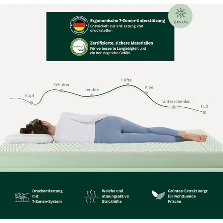 Zinus kühlende Gel Matratze 140 x 200 cm -15cm hoch - 4 Zonen Kaltschaummatratze-Härtegrad H3 - Rollmatratze - Memory-Schaum für ergonomischen Schlaf - Oeko-TEX Zertifiziert – Bild 6