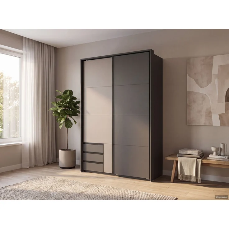 Schwebetürenschrank 2trg Kleiderschrank 138cm Grafit 1xTür Sandgrau Passepartout – Bild 3