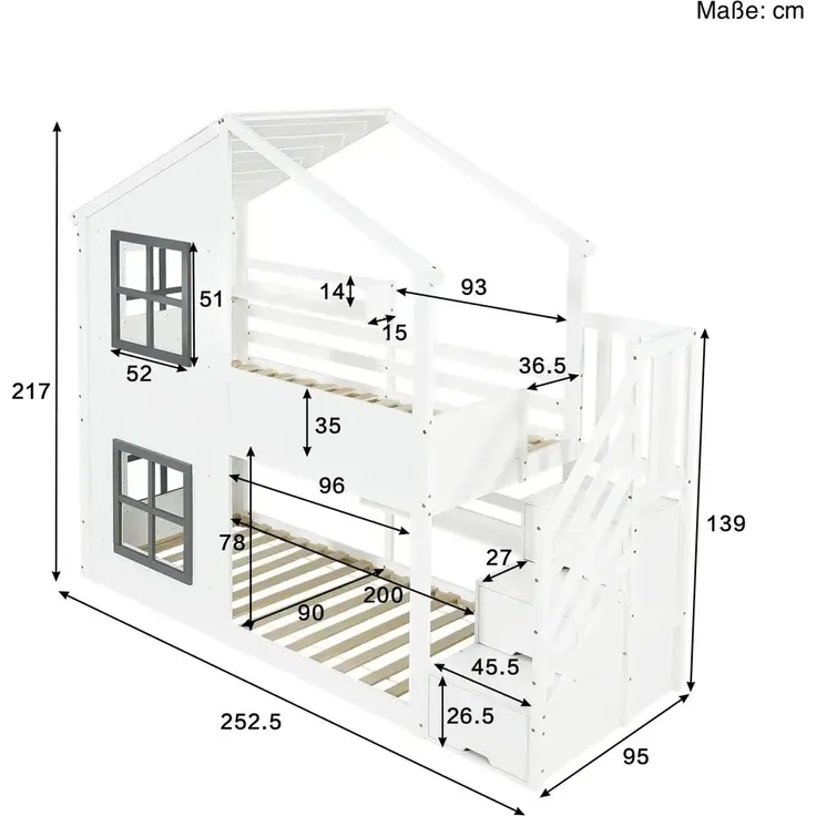 Etagenbett mit 2 Liegeflächen, Lattenrost, Regal, Treppe, Stauraum und Rausfallschutz, 90x200cm, Kinderbett, Jugendbett – Bild 5