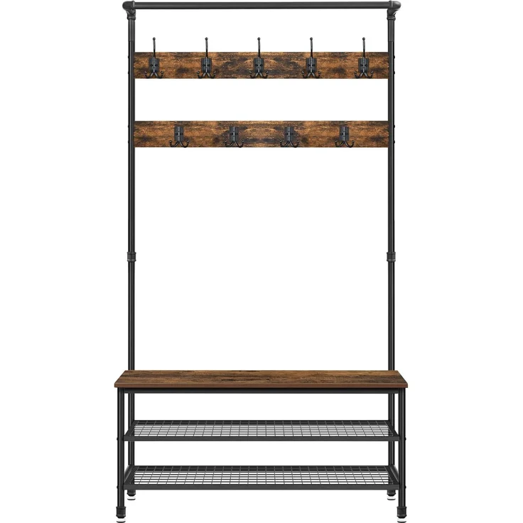 Vasagle Garderobenständer mit Sitzbank und Haken, Holz Vintagebraun/Schwarz, 100 x 41,5 x 182 cm – Bild 9