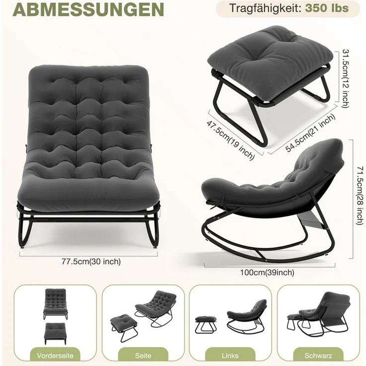 AOXUN Schaukelstuhl Loungesessel Metall Schwarzgrau (2 St), mit Hocker – Bild 2