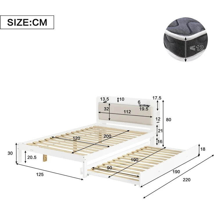 Funktionsbett 120x200 cm Weiß mit Ausziehbett 90x190 cm, Holzbett mit gepolstertem Kopfteil, Kopfteilregal, Ladestation und offenem Stauraum, platzsparendes Gästebett--Weiß--220x125x80cm--YOUDENOVA – Bild 8