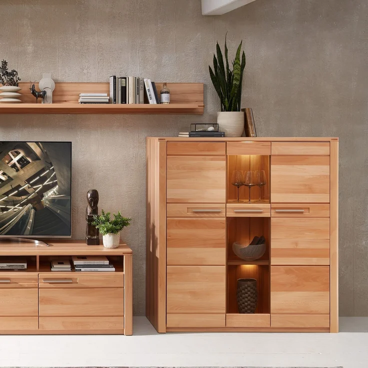 Highboard >Nature One< 3 Türen, mit LED, FSC, Kernbuche teilmassiv - 127x137x40cm (B/H/T) – Bild 9