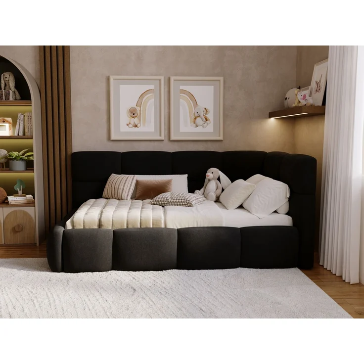 GRAINGOLD Modo One Jugendbett 90x200, Einzelbett mit Bettkasten, mit Lattenrost, Velvet-Stoff, Links, Schwarz – Bild 4