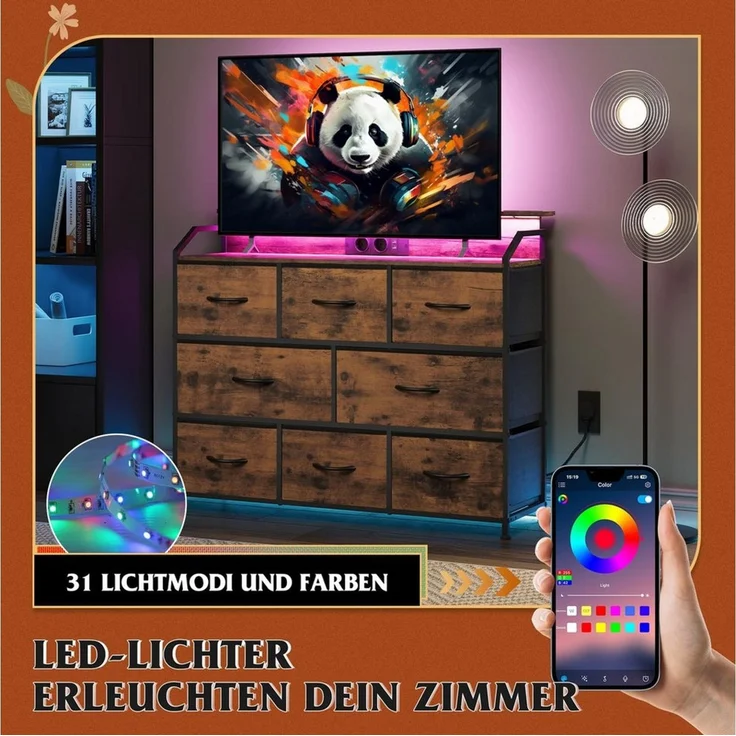 WLIVE Kommode mit 8 Stoffschubladen, LED-Beleuchtung und Ladestation (Aufbewahrungsschrank mit Holzplatte und Metallgestell, Aufbewahrungsschrank mit Holzplatte und Metallgestell), Schlafzimmerkommode für Wohnzimmer, Flur und Schlafzimmer – Bild 4