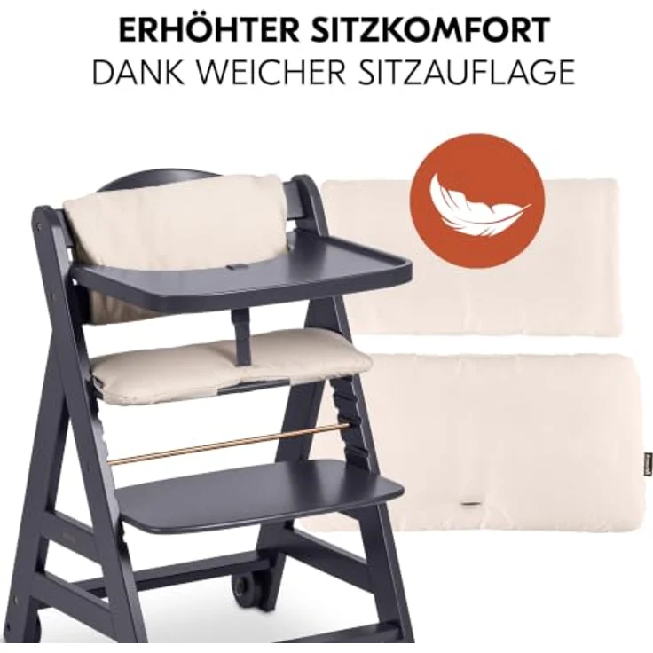 hauck Beta+ Hochstuhl Newborn Set mit Deluxe Bouncer - Dark Grey | Mitwachsender Holz Kinderhochstuhl mit Rollen ab Geburt bis 90 kg | inkl. Neugeborenenaufsatz, Essbrett & Sitzkissen – Bild 9