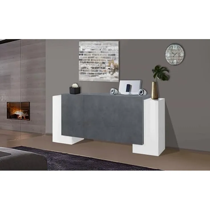Dmora - Kommode Fabio, Küchen-Sideboard mit 2 Türen und 3 Schubladen, Wohnzimmer-Buffet, Küchen-Sideboard, 100 % Made in Italy, 210 x 45 x 85 cm, glänzendes Weiß und Schiefer