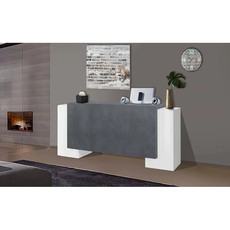 Dmora - Kommode Fabio, Küchen-Sideboard mit 2 Türen und 3 Schubladen, Wohnzimmer-Buffet, Küchen-Sideboard, 100 % Made in Italy, 210 x 45 x 85 cm, glänzendes Weiß und Schiefer – Bild 1