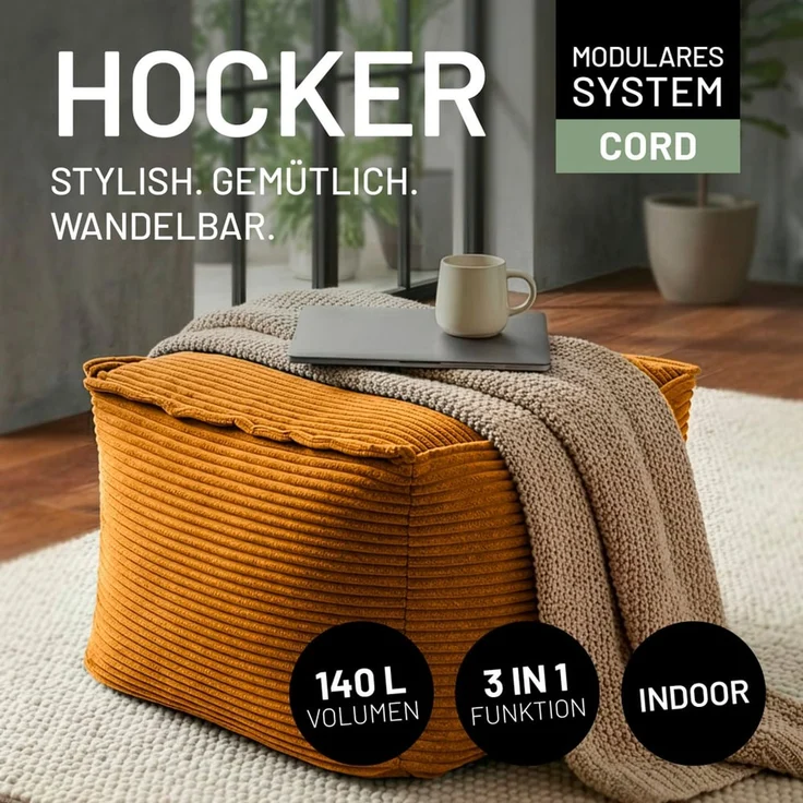 Lumaland Sitzsack-Sofa, Polyester, Pouf, Cord - Senfgelb, 40 x 54 x 54 cm – Bild 3
