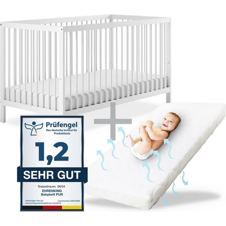 Ehrenkind® Babybett PUR inkl. Matratze 120x60 Buchenholz | Weiß | Kinderbett 9-Fach höhenverstellbar mit entnehmbaren Stangen | Baby Bett