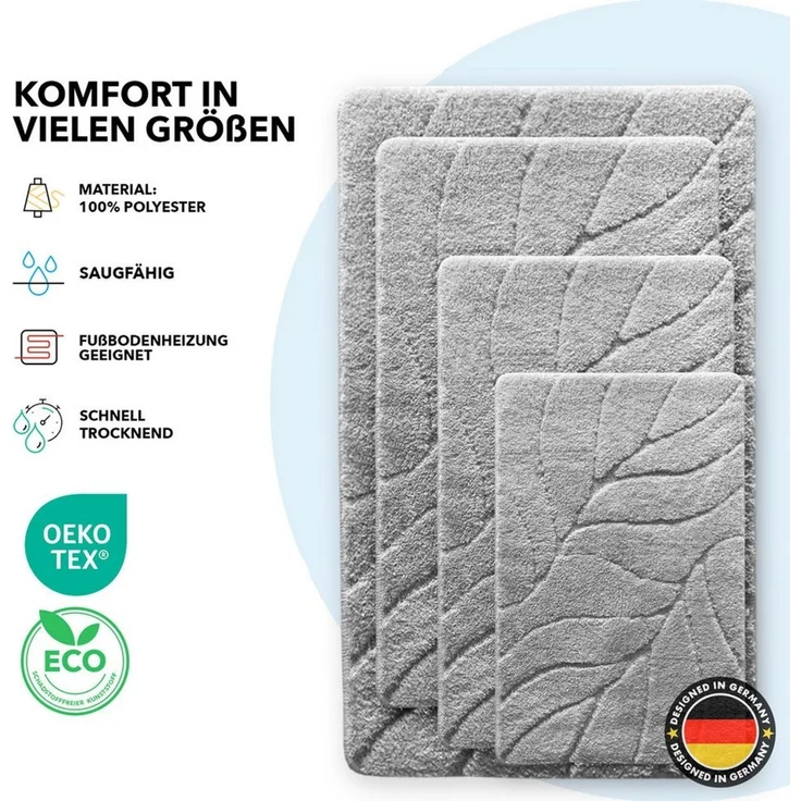 Floordirekt Badematte Maris – Flauschiger Badteppich, Blattstruktur, rutschfest & waschbar, rutschhemmend beschichtet, fußbodenheizungsgeeignet, schnell trocknend, Polyester, für Fußbodenheizung geeignet, dichter Flor, 40x60 cm, Silber – Bild 3